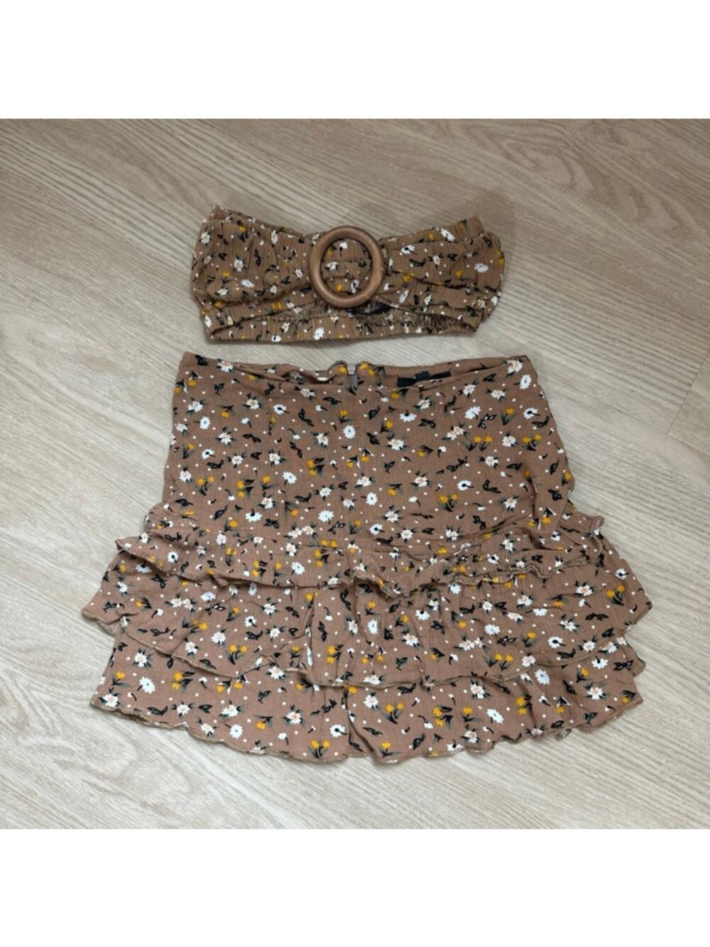 Missguided brown floral tube top ruffle skirt two piece set US 2